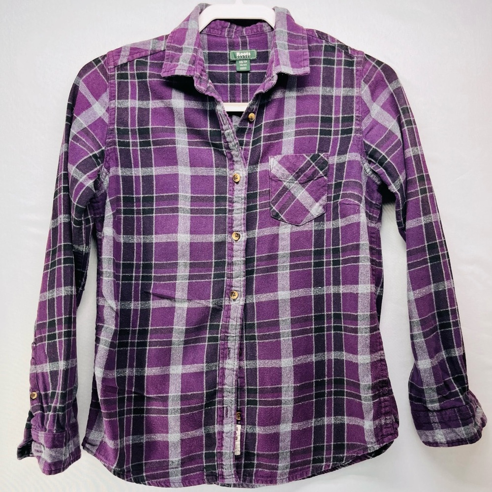 Roots Women’s Purple and Black‎ Plaid Button Down Shirt